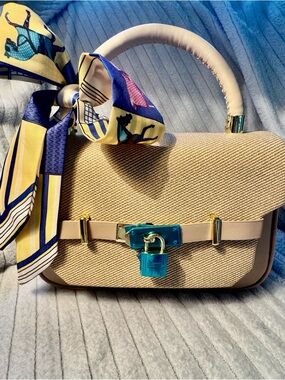 Beige Woven Top-Handle Women's Bag with Scarf Accent